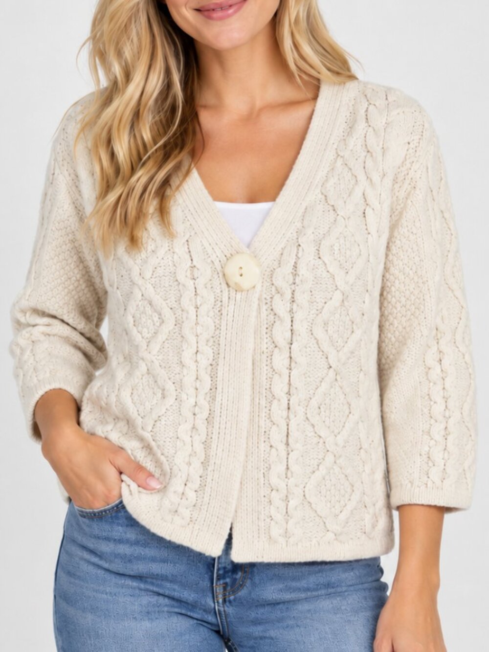 Aran Crafts Ireland Merino Wool Cable Knit Cardigan Fisherman Granola Cream